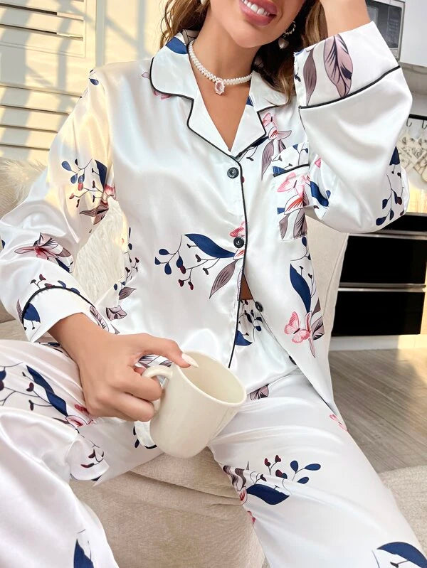 CM-LS415962 Women Trendy Seoul Style Butterfly Print Contrast Piping Satin Shirt With Pants Pajama Set