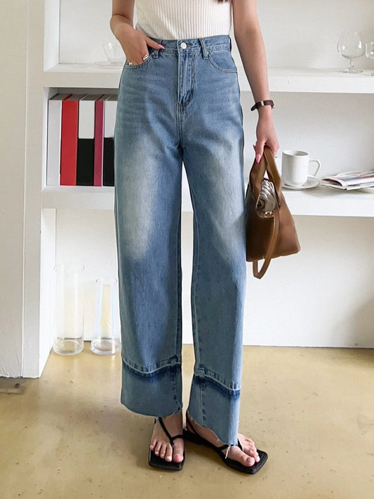 CM-BS244668 Women Casual Seoul Style High Waist Bleach Wash Wide Leg Jeans