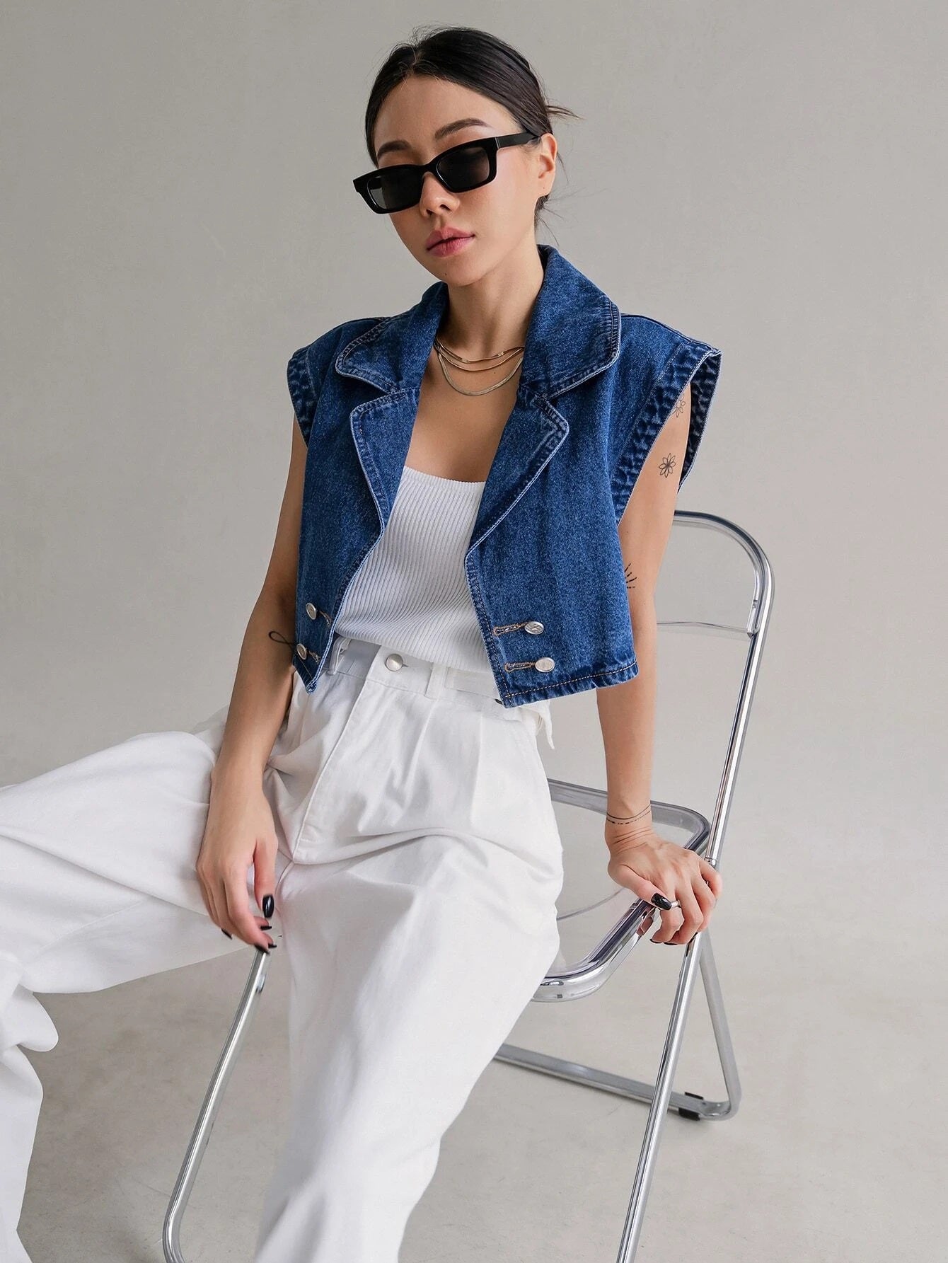 CM-TS223127 Women Casual Seoul Style Batwing Sleeve Double Breasted Denim Shirt