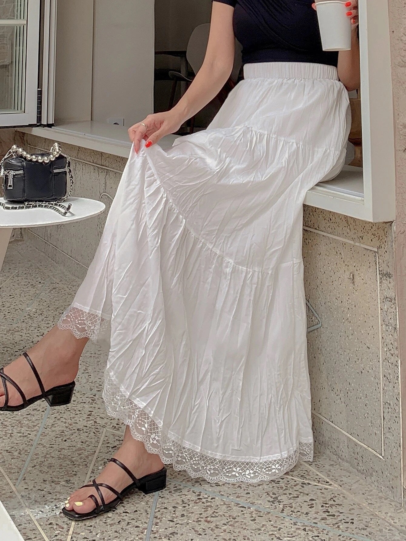 CM-BS486700 Women Elegant Seoul Style Contrast Lace Ruffle Hem Skirt - White