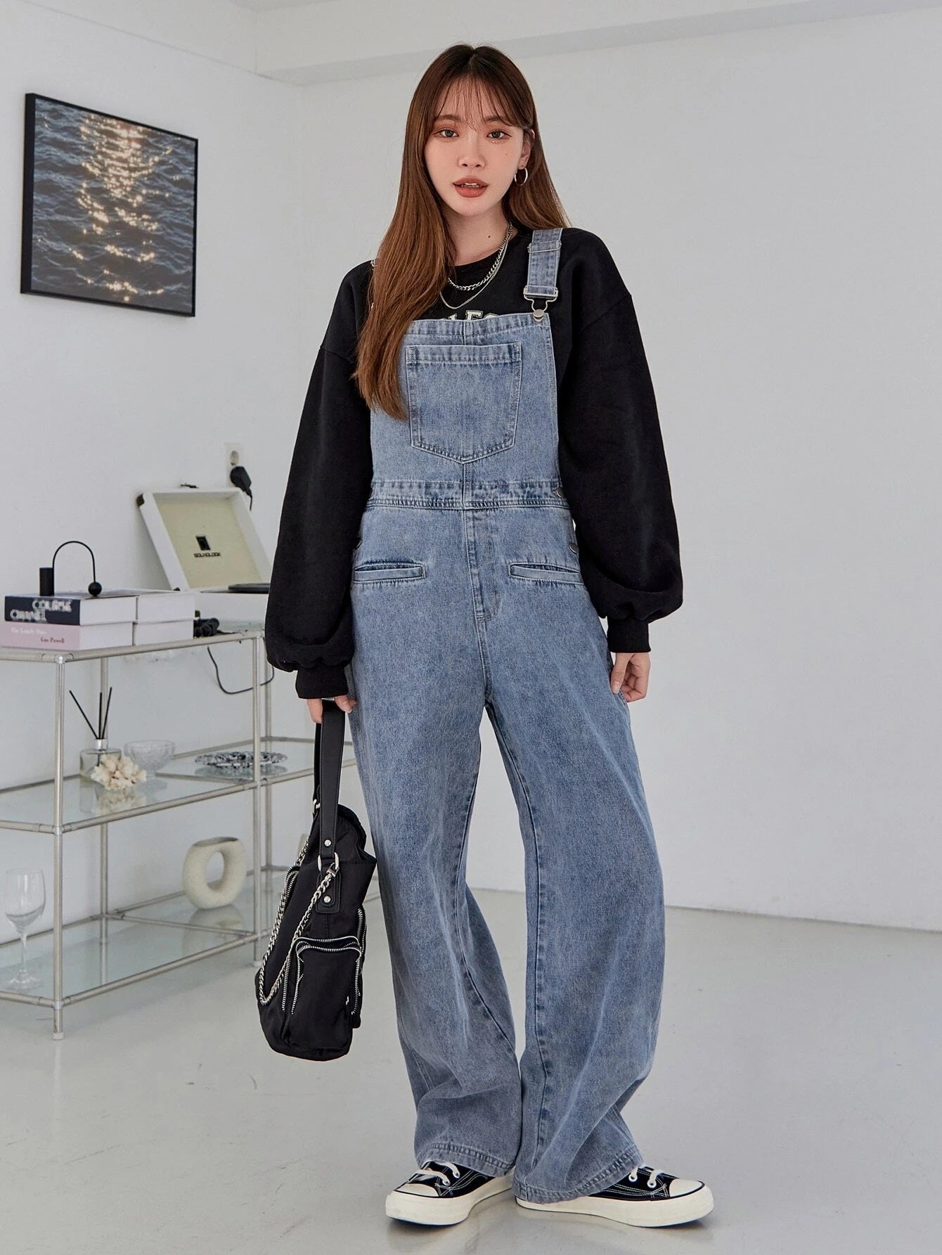 CM-JS918171 Women Preppy Seoul Style Light Wash Pocket Front Denim Overalls