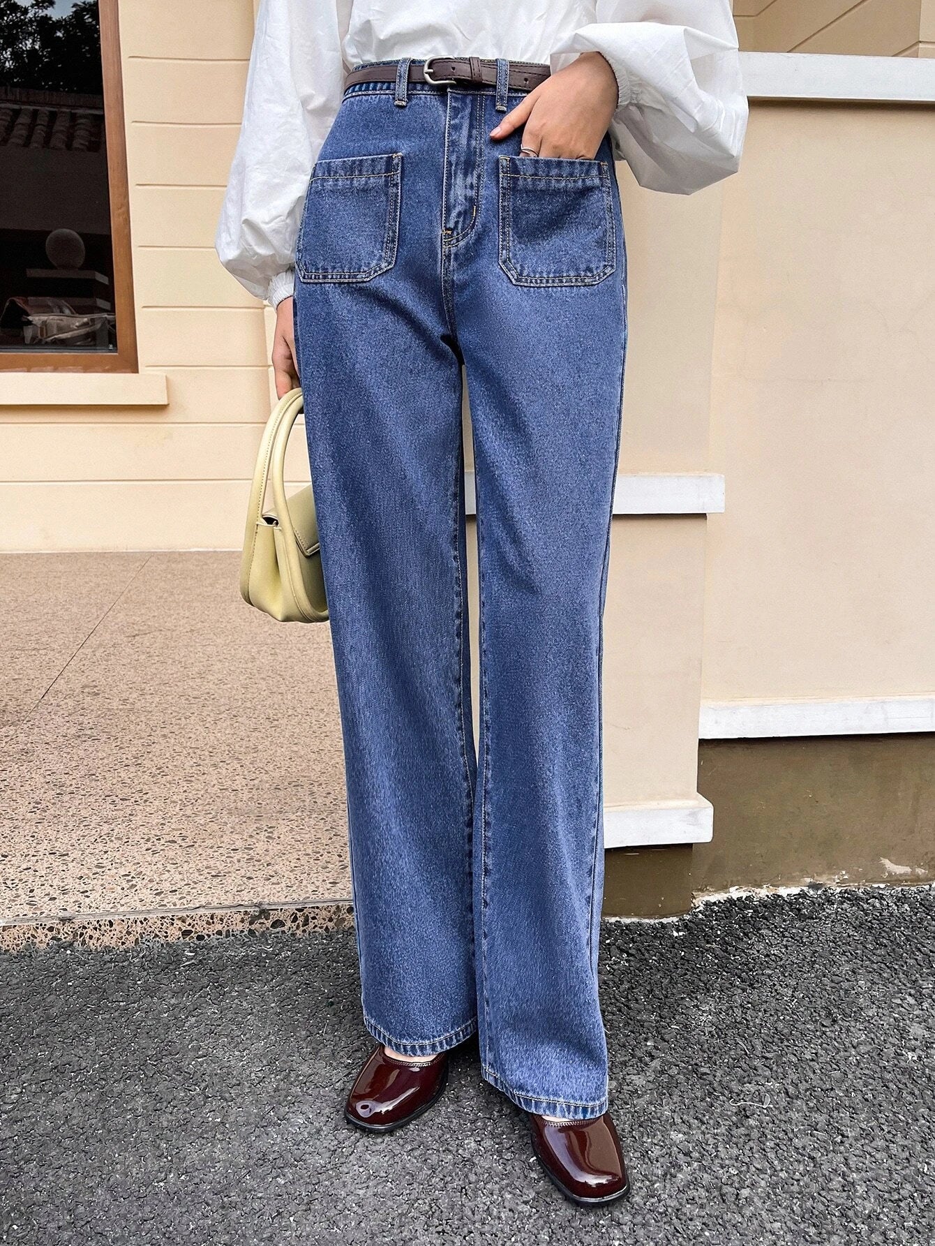 CM-BS672088 Women Casual Seoul Style High Waist Dual Pocket Straight Leg Jeans