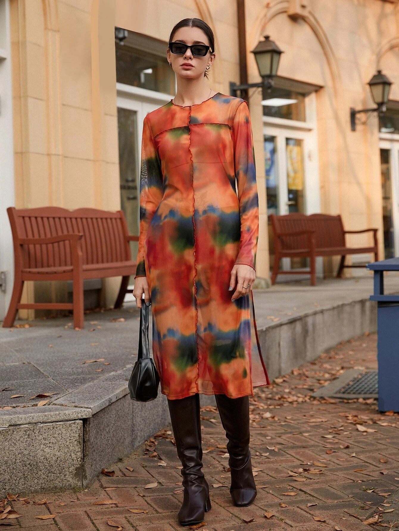 CM-TS133331 Women Casual Seoul Style Round Neck Tie Dye Split Thigh Longline Top