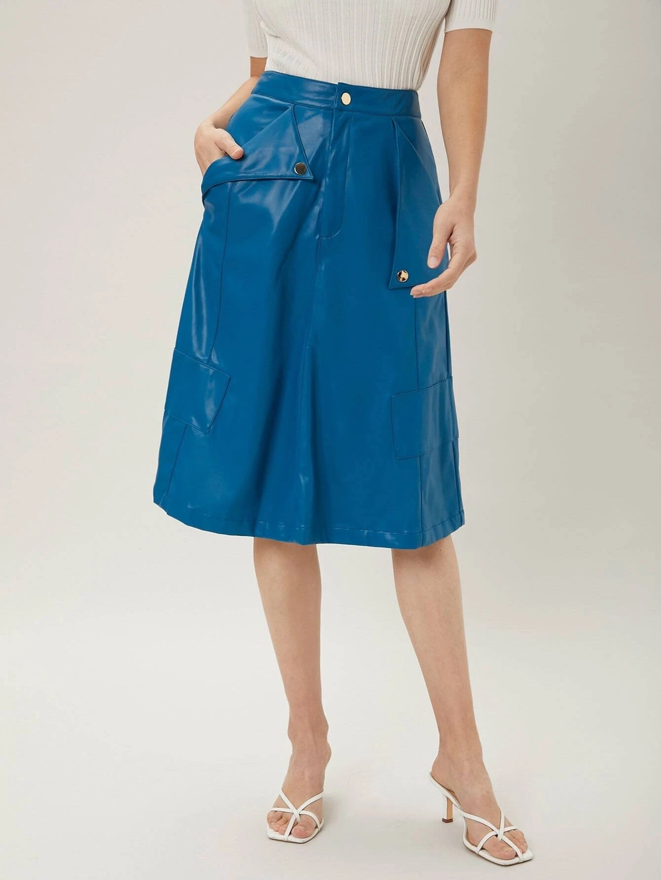 CM-BS569040 Women Elegant Seoul Style High Waist PU Leather A-Line Skirt - Blue