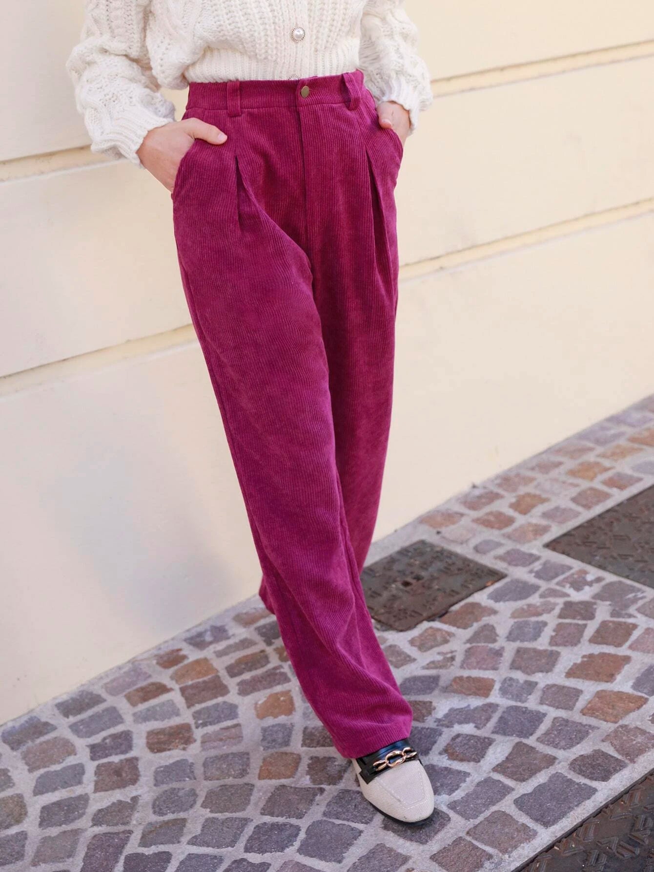 CM-BS034643 Women Casual Seoul Style High Waist Fold Pleated Corduroy Pants