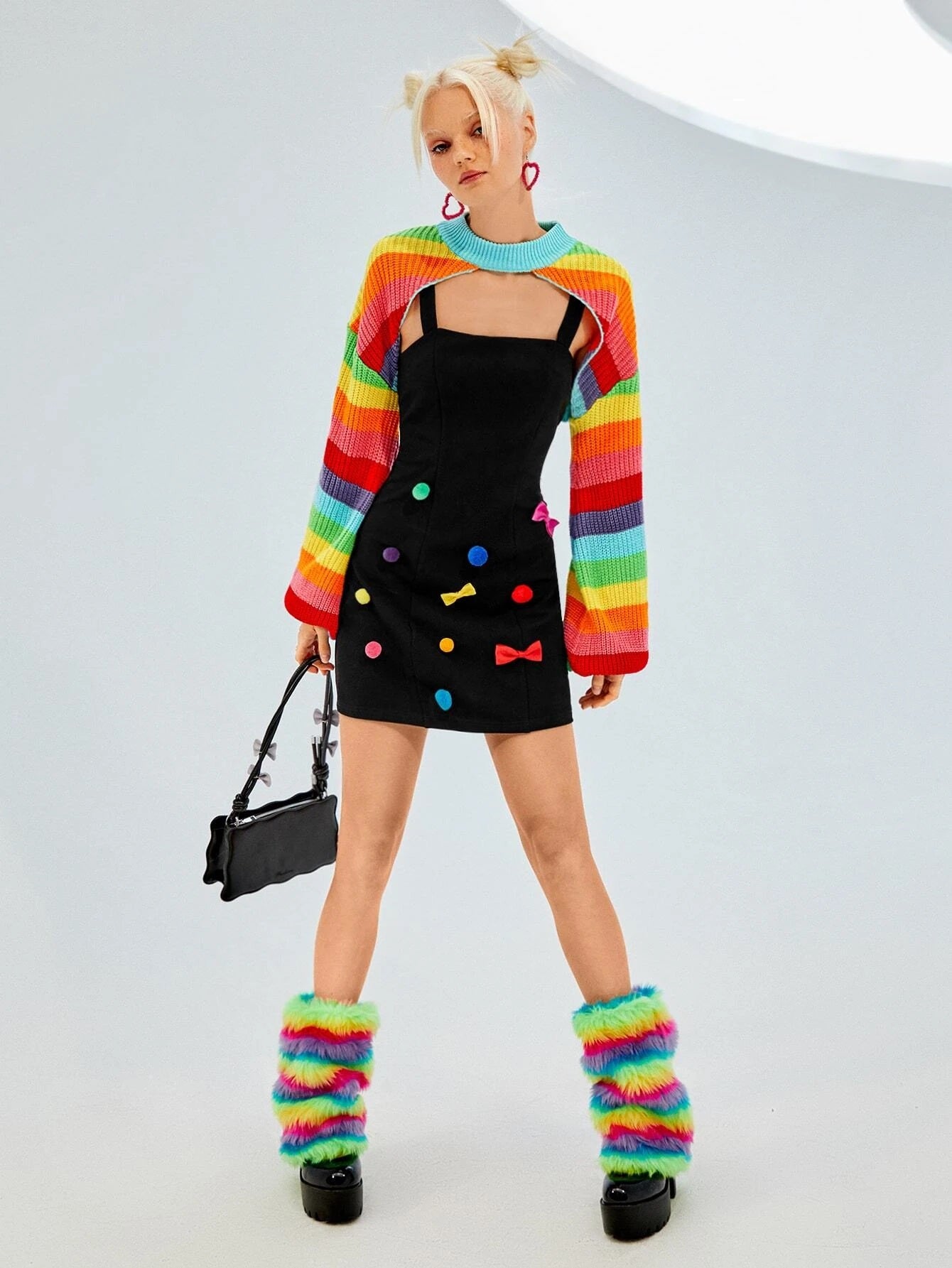 CM-CS337111 Women Casual Seoul Style Rainbow Striped Pattern Lantern Sleeve Shrug Sweater