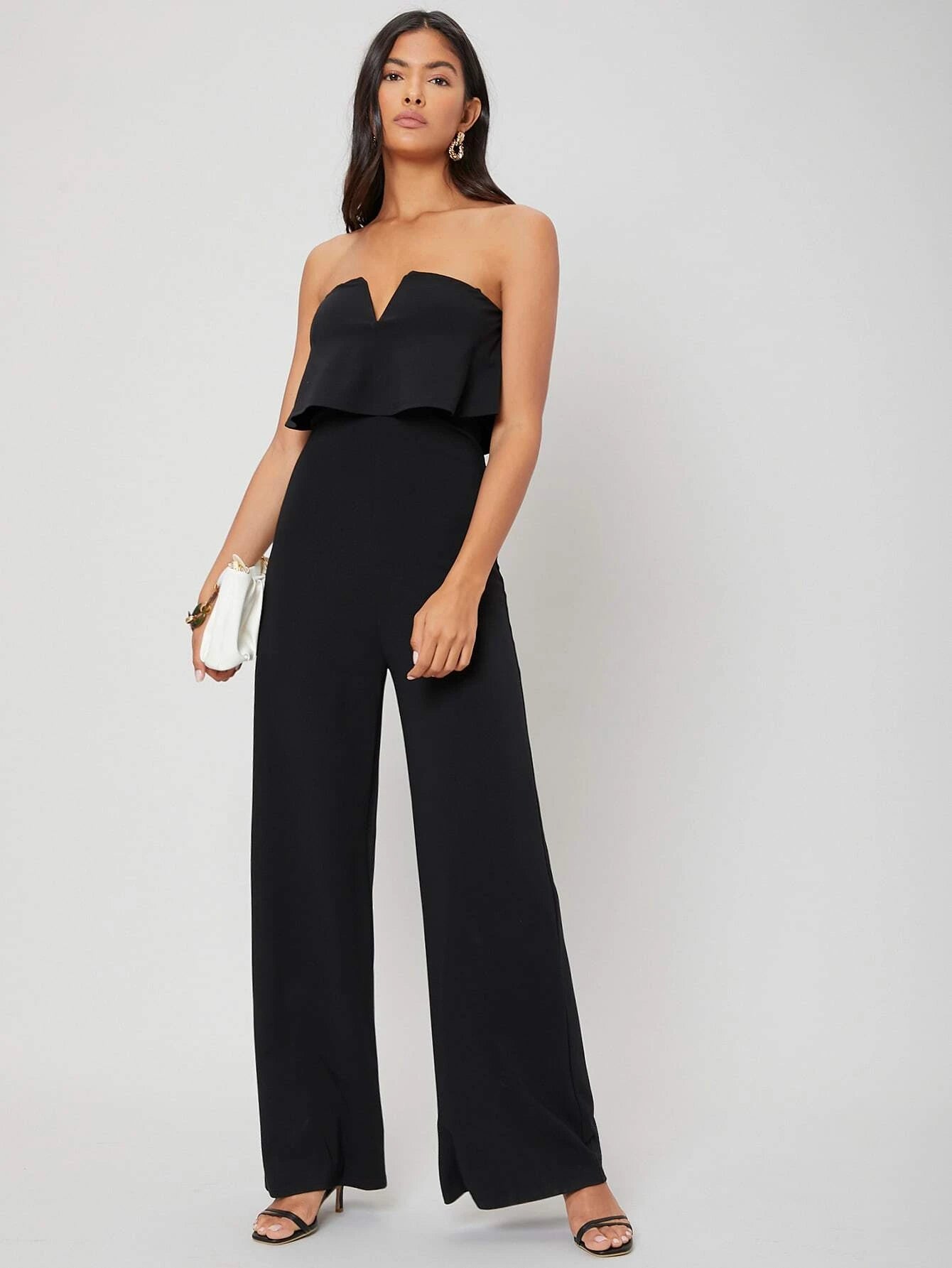 CM-JS126427 Women Elegant Seoul Style Tube V-Bar Sleeveless Jumpsuit - Black