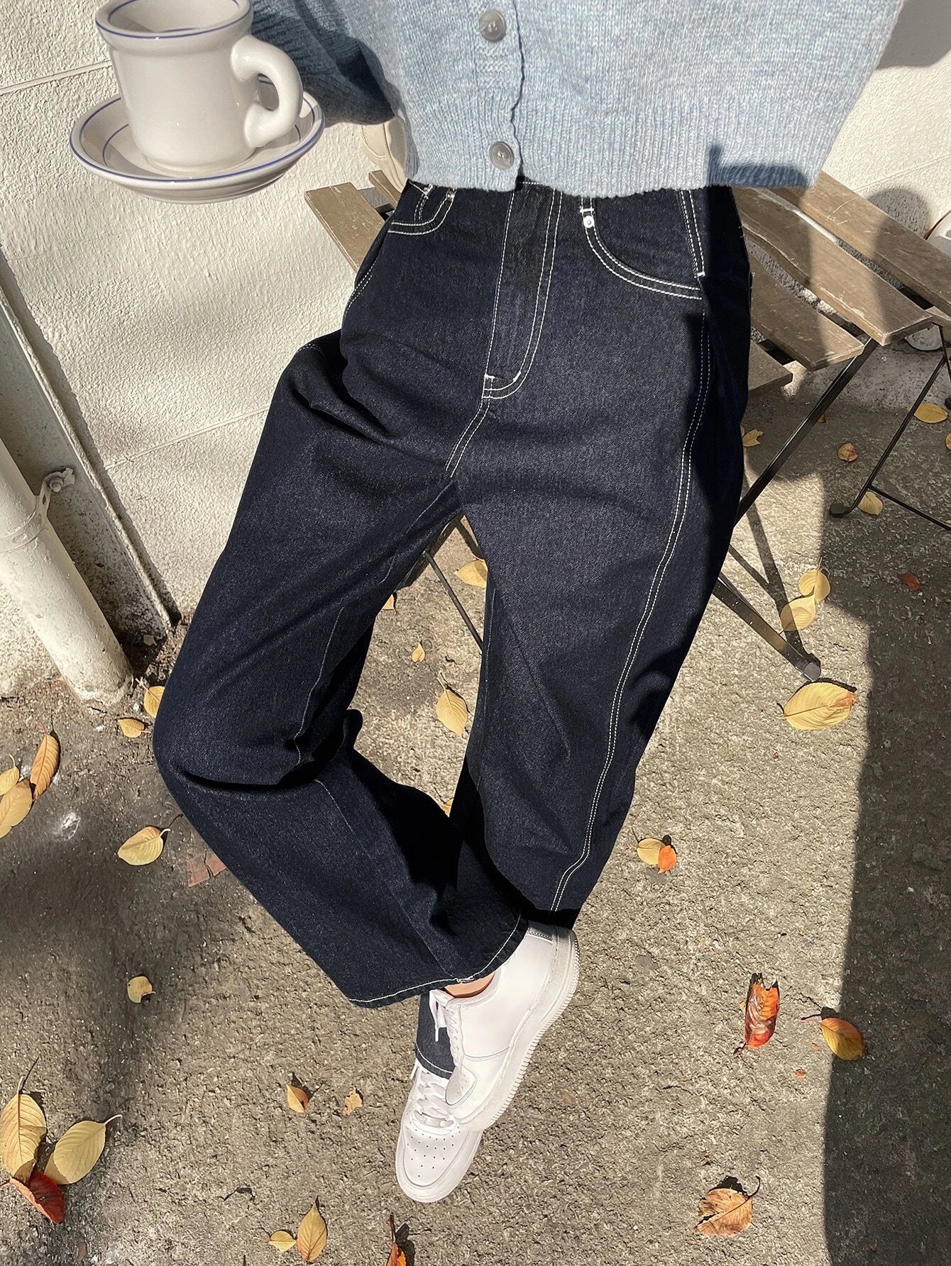 CM-BS180087 Women Casual Seoul Style Dark Wash Top-Stitching Wide Leg Jeans