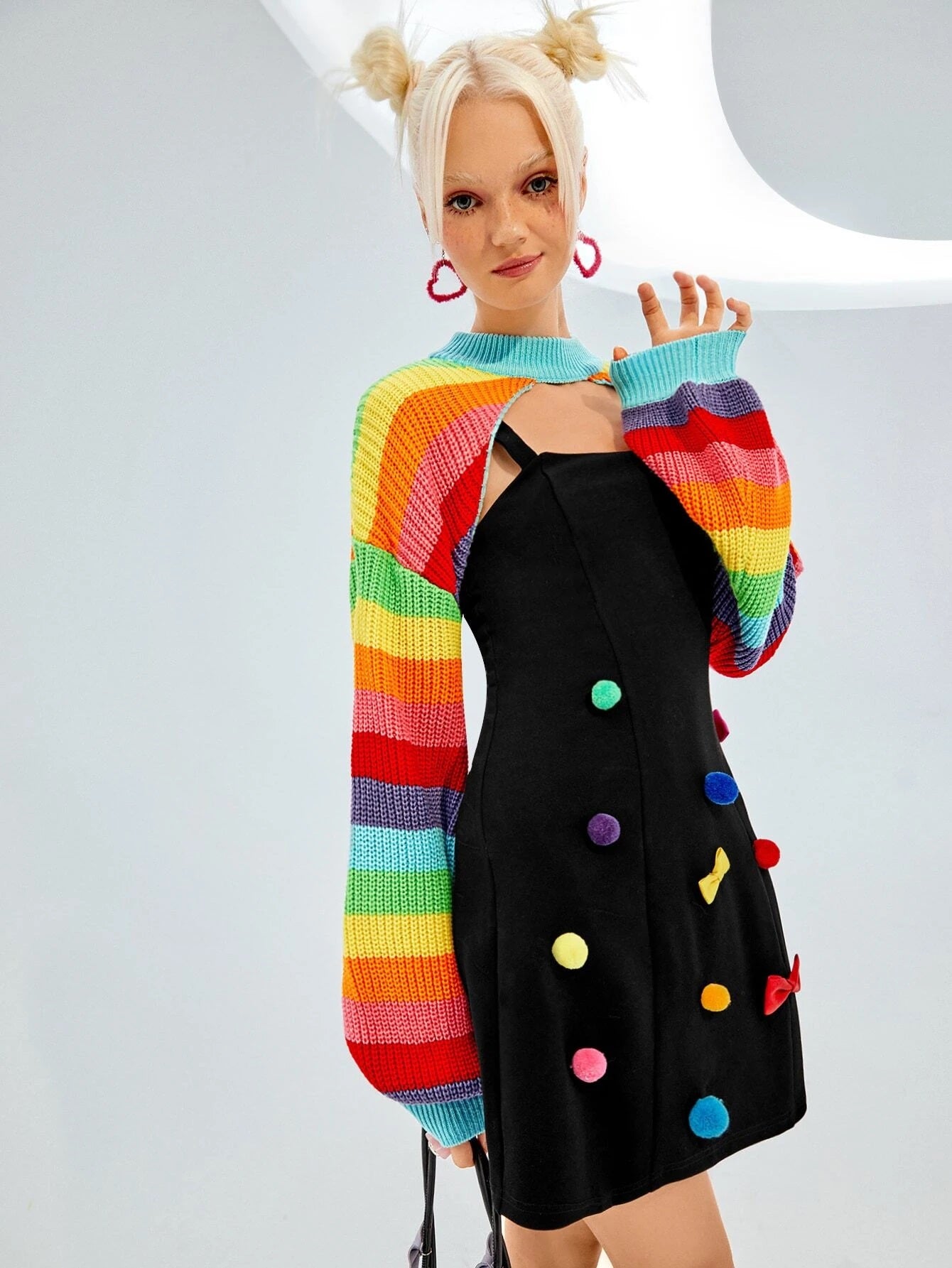 CM-CS337111 Women Casual Seoul Style Rainbow Striped Pattern Lantern Sleeve Shrug Sweater