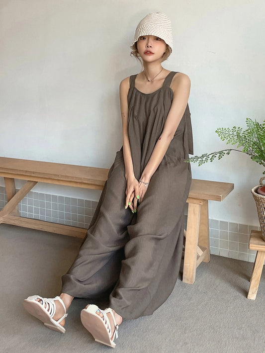 CM-JS158581 Women Trendy Bohemian Style Dual Pocket Tie Back Zipper Cami Jumpsuit