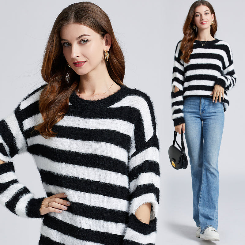 CM-CF102918 Women Trendy Seoul Style Round Neck Stripes Sweater Pullovers