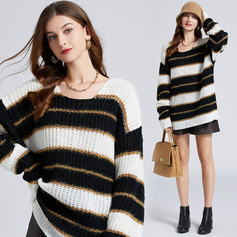 CM-CF102920 Women Retro European Style Stripes Batwing Oversize Knitting Pullovers