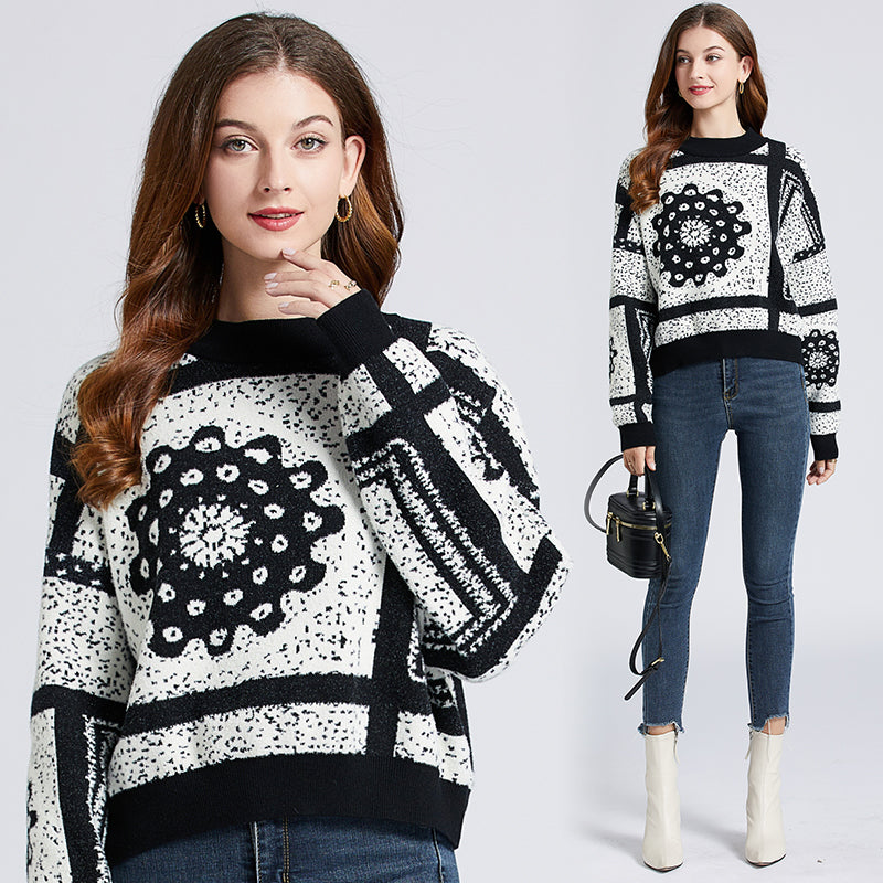 CM-CF102916 Women Retro European Style Color Block Floral Loosen Mohair Pullovers