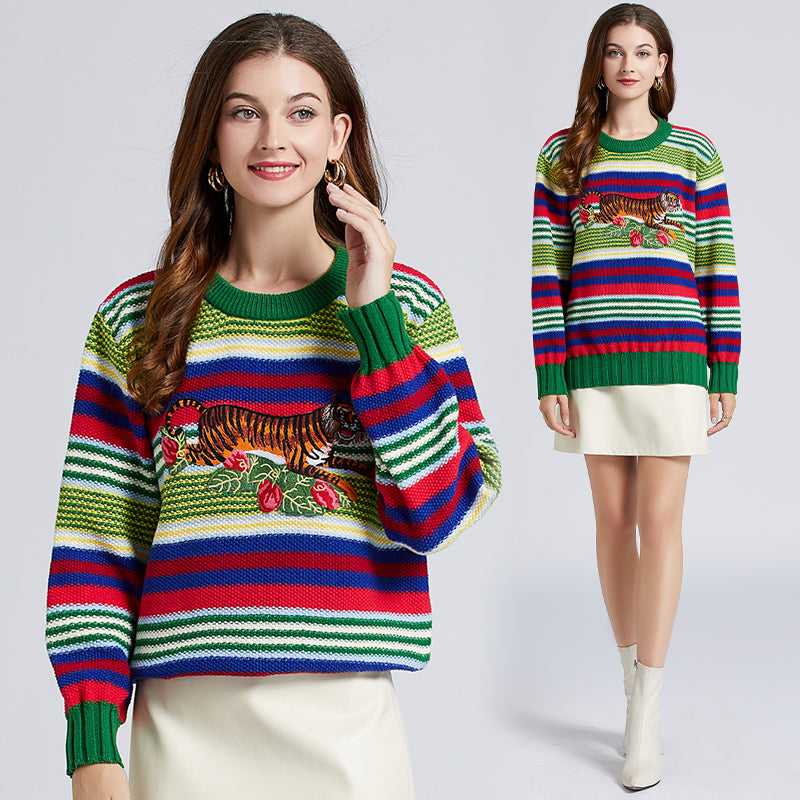 CM-CF102919 Women Trendy European Style Round Neck Stripes Tiger Embroidery Loosen Sweater