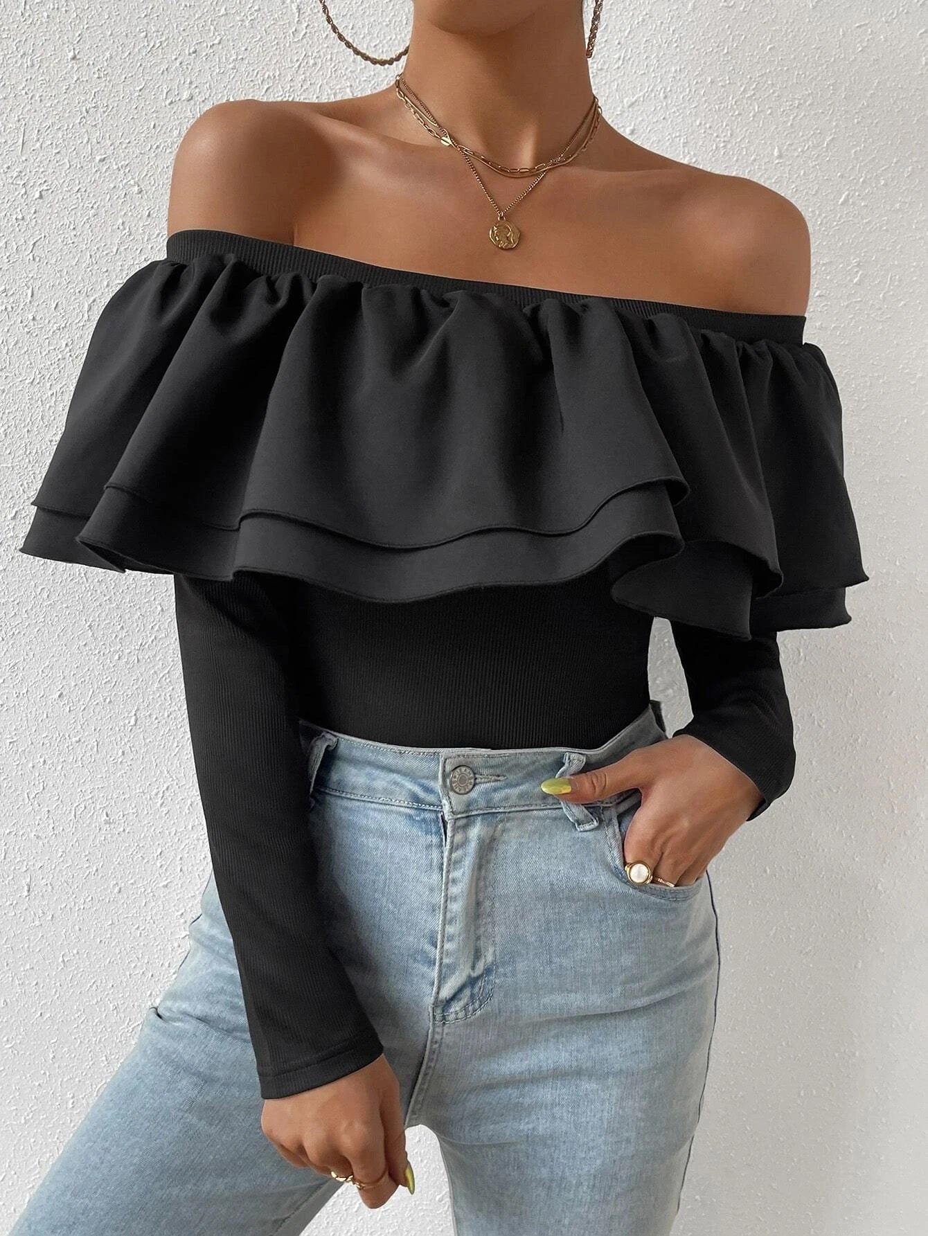 CM-TS645965 Women Casual Seoul Style Off Shoulder Exaggerated Ruffle Bodysuit