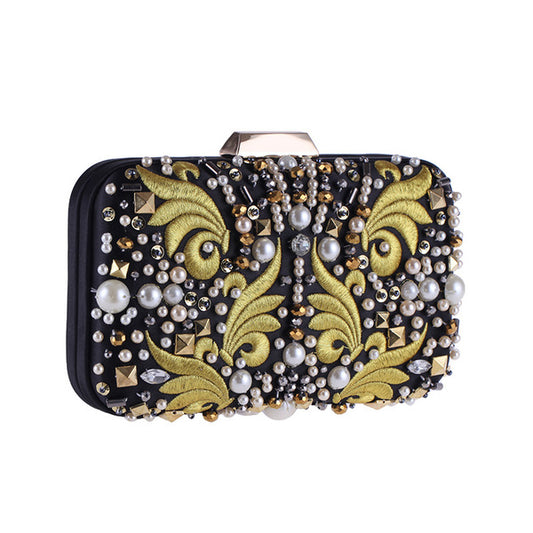 CM-BG101112 Women Vintage Style Embroidery Pearl Patchwork Evening Bag - Black
