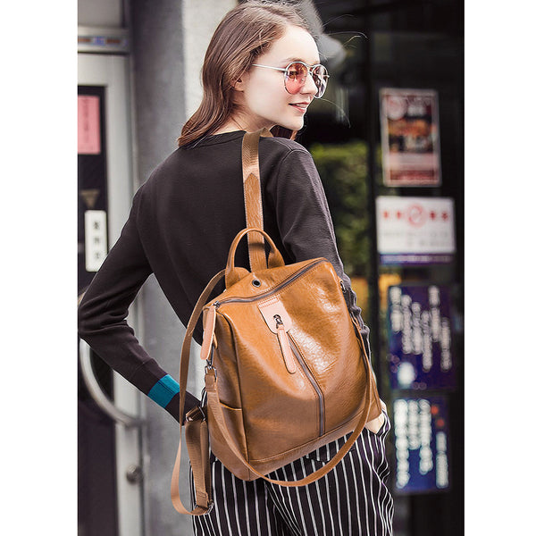 CM-BG101968 Women Minimalist Soft Leather Large Capacity Traveling Backpack - Brown