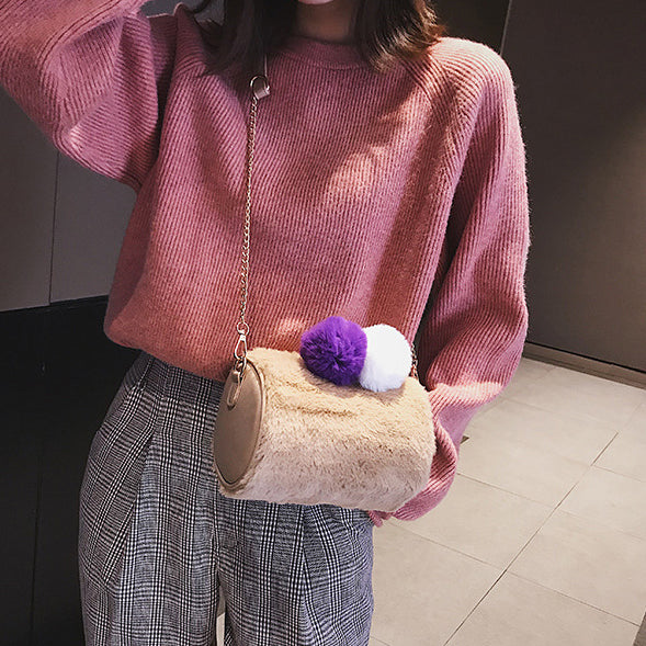 CM-BG120412 Women Casual Easy Matching Solid Fluffy Ball Shoulder Bag (Available in 3 colors)