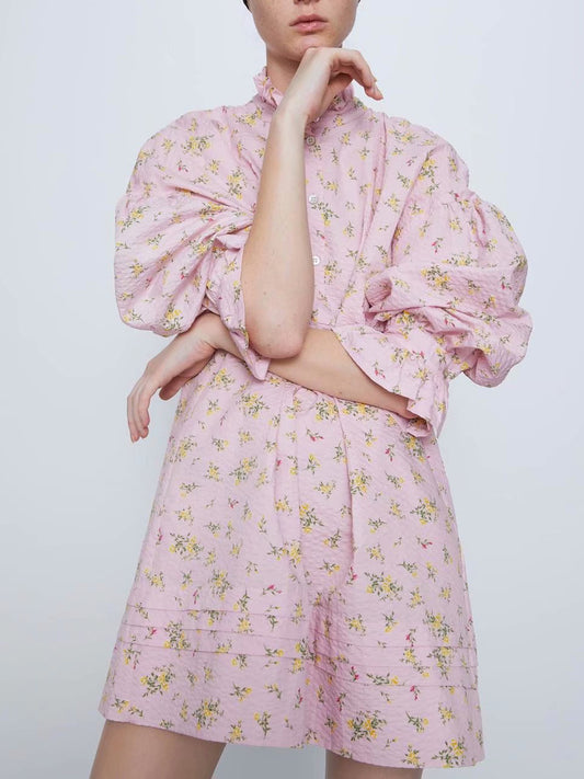 CM-D031718 Women Casual European Style Mock Neck Lantern Sleeve Floral Short Dress - Pink