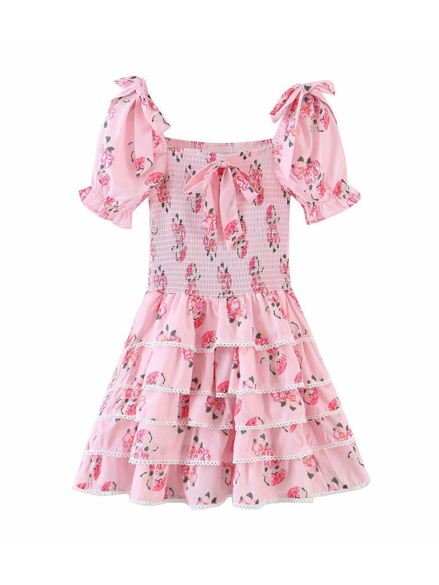 CM-DW060754 Women Elegant Seoul Style Ruffle Stringy Selvedge Short Sleeve Dress - Pink