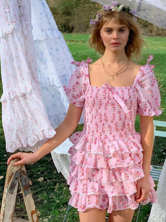 CM-DW060754 Women Elegant Seoul Style Ruffle Stringy Selvedge Short Sleeve Dress - Pink