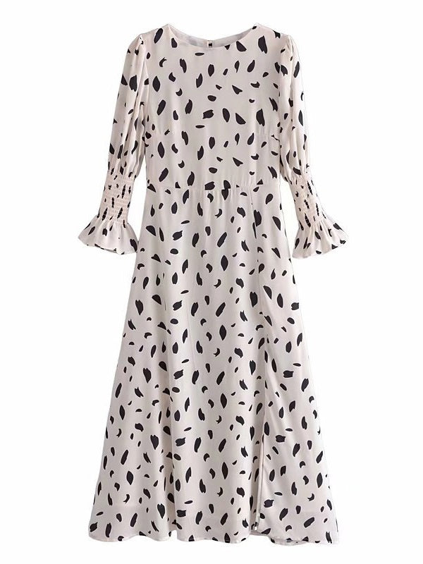 CM-D071907 Women Casual Seoul Style Bateau Neck Print Flare Sleeve Dress - Beige