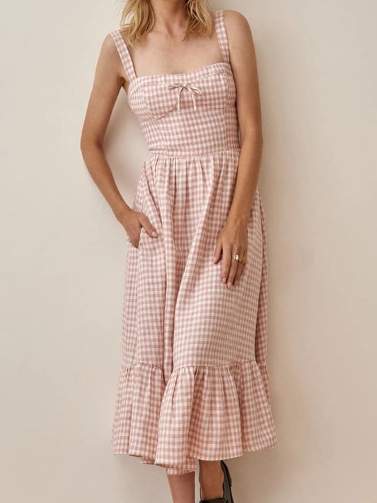 CM-D071912 Women Casual European Style U-Neck Plaid Bow Camisole Dress - Pink