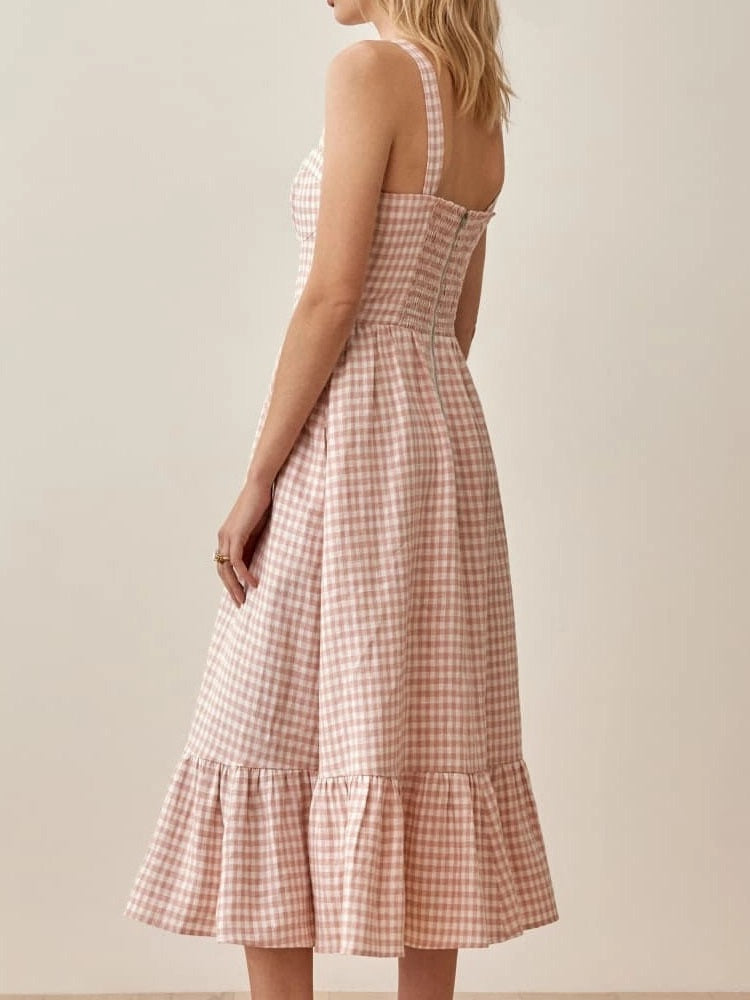 CM-D071912 Women Casual European Style U-Neck Plaid Bow Camisole Dress - Pink