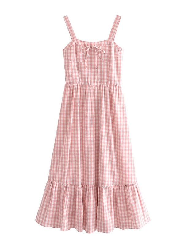 CM-D071912 Women Casual European Style U-Neck Plaid Bow Camisole Dress - Pink