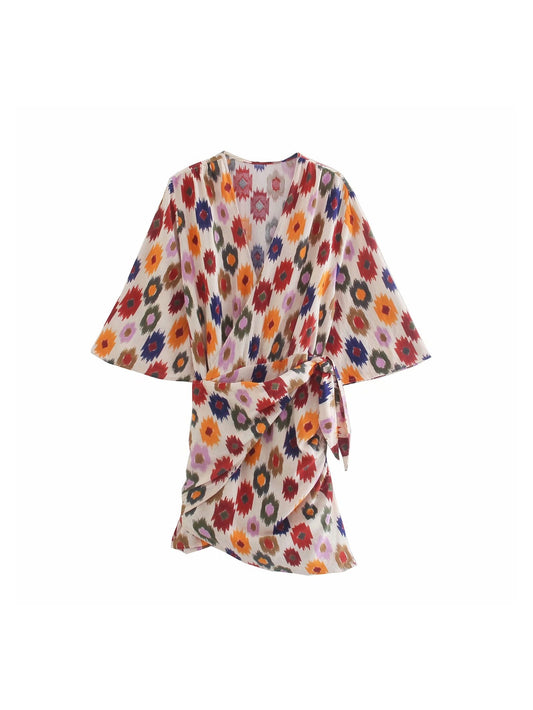 CM-D072138 Women Casual Seoul Style Printed V-Neck Tie Wrap Short Sleeve Dress