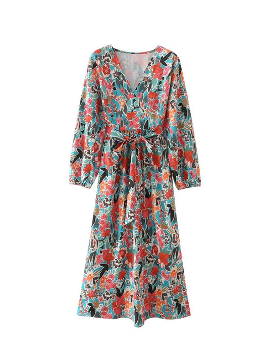 CM-D072340 Women Casual Seoul Style V-Neck Floral Long Sleeve Midi Dress