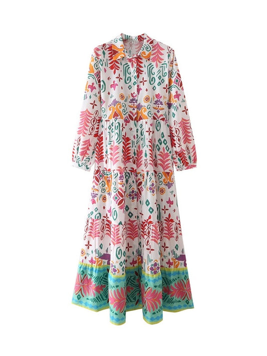 CM-D072341 Women Casual Seoul Style Printed Ruffles Puff Sleeve Shirt Maxi Dress