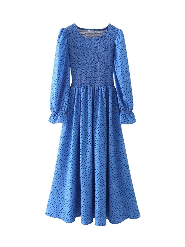 CM-D072342 Women Casual Seoul Style Heart Printed Crew Neck Maxi Dress - Blue