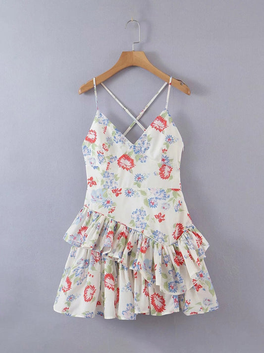 CM-D072606 Women Lovely Seoul Style V-Neck Ruffles Floral Sleeveless Dress - White