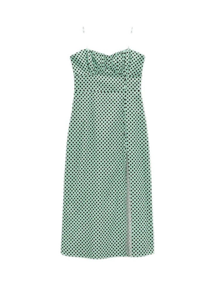 CM-D072735 Women Elegant European Style Dot Sleeveless Long Slit Dress - Green