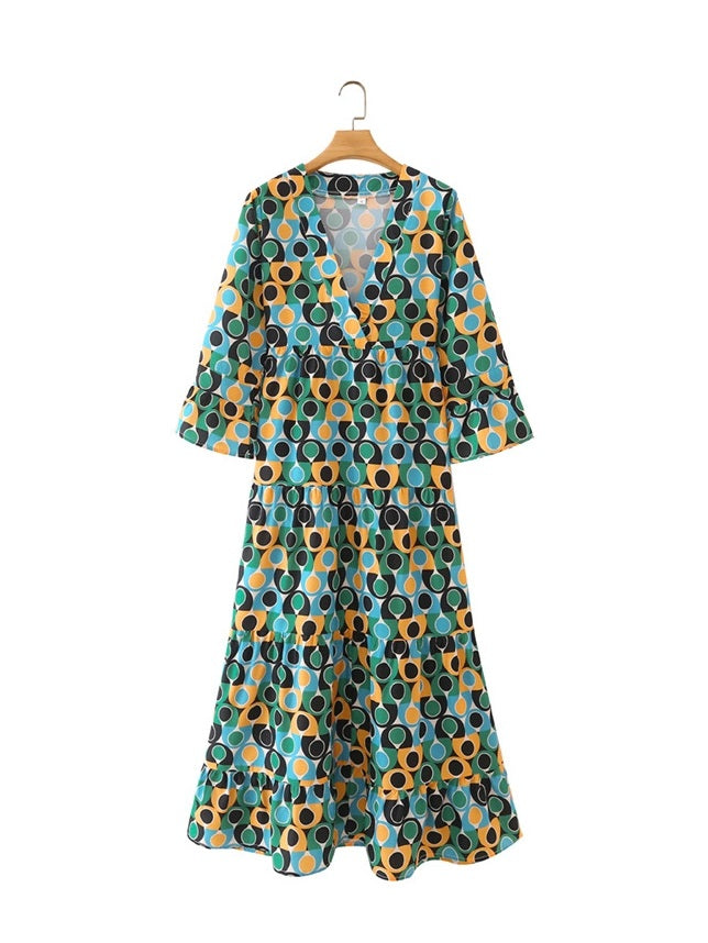 CM-D072855 Women Casual Seoul Style Dots Printed Multi-Color V-Neck Maxi Dress