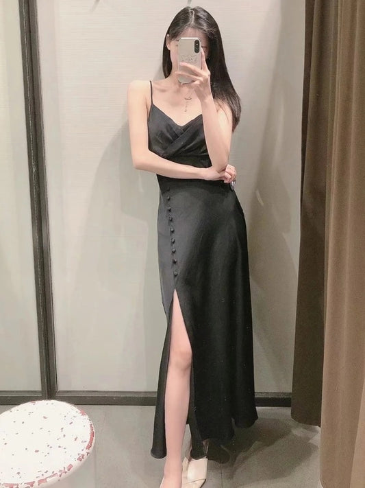 CM-D072818 Women Elegant Seoul Style Sleeveless V-Neck Camisole Maxi Dress - Black