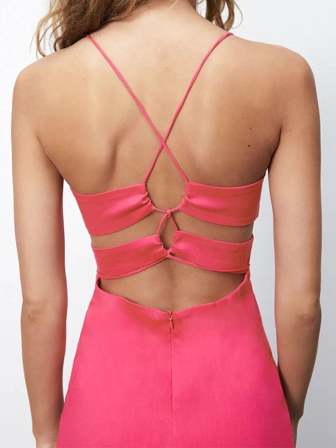 CM-D072831 Women Trendy Bohemian Style Backless Fitted Maxi Dress - Pink