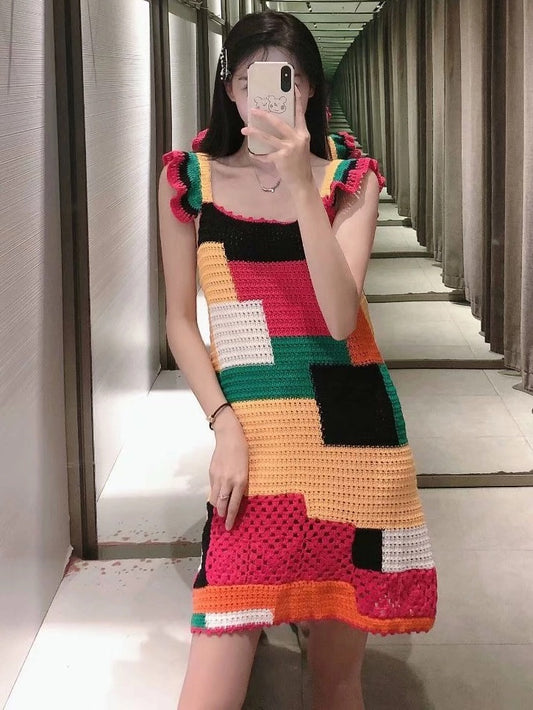 CM-D080324 Women Trendy Bohemian Style Contrast Color U Neck Sleeveless Dress