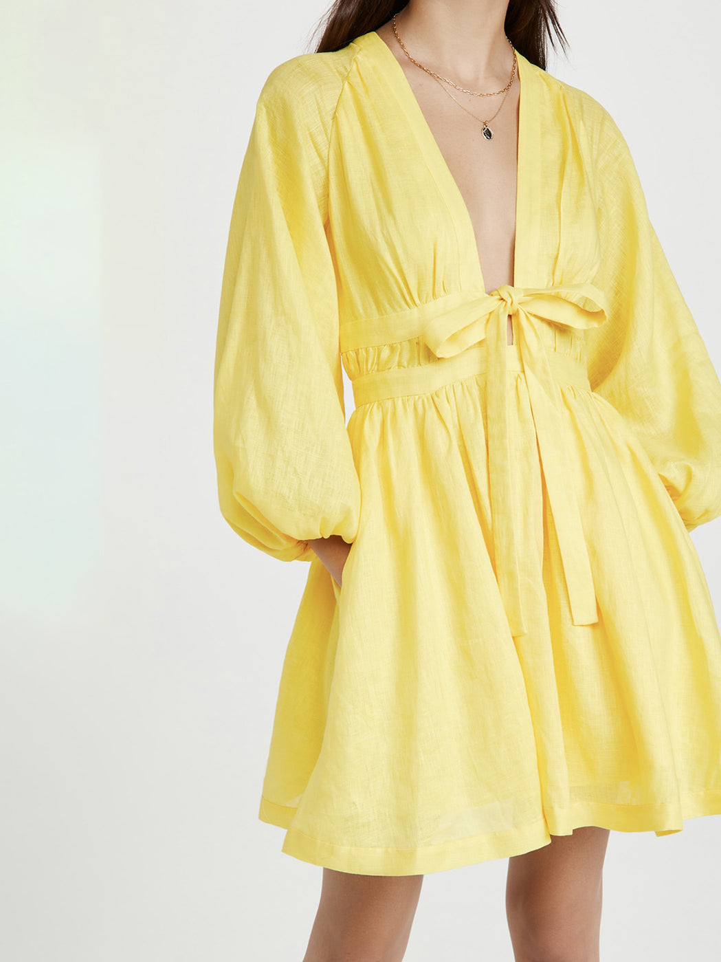CM-D080413 Women Casual Seoul Style Solid Deep V-Neck Tie Wrap Dress - Yellow