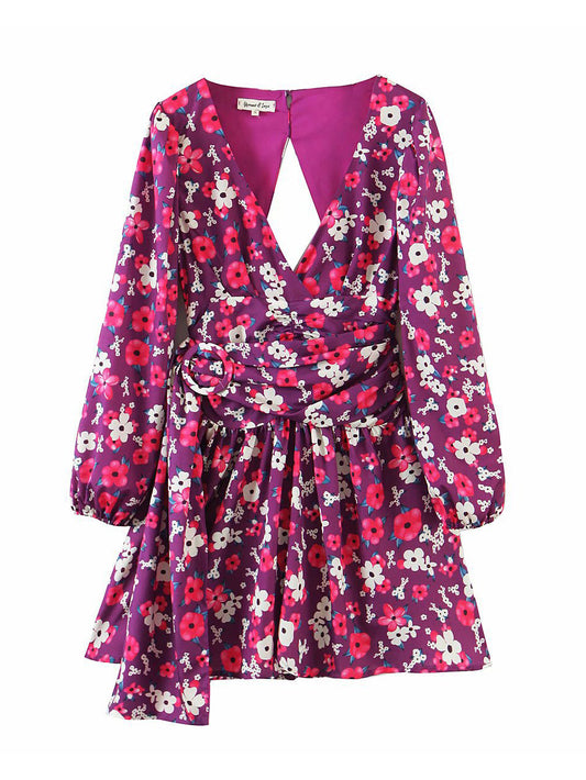 CM-D080418 Women Elegant European Style V-Neck Backless Long Sleeve Dress - Purple