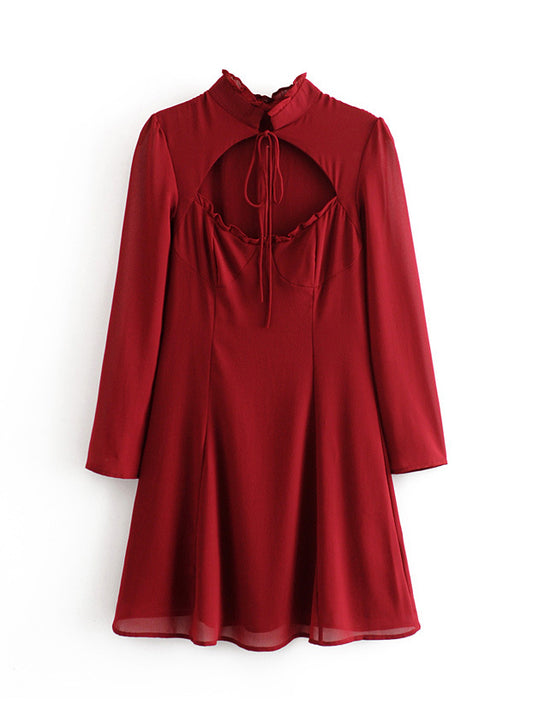 CM-D081058 Women Elegant Seoul Style Hollow Out Loose Long Sleeve Dress - Red
