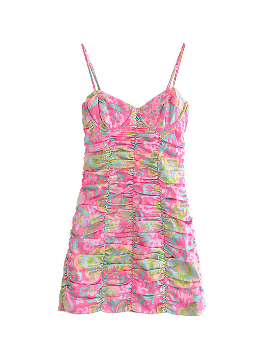CM-D081258 Women Trendy Bohemian Style Floral Ruched Spaghetti Strap Sleeveless Dress