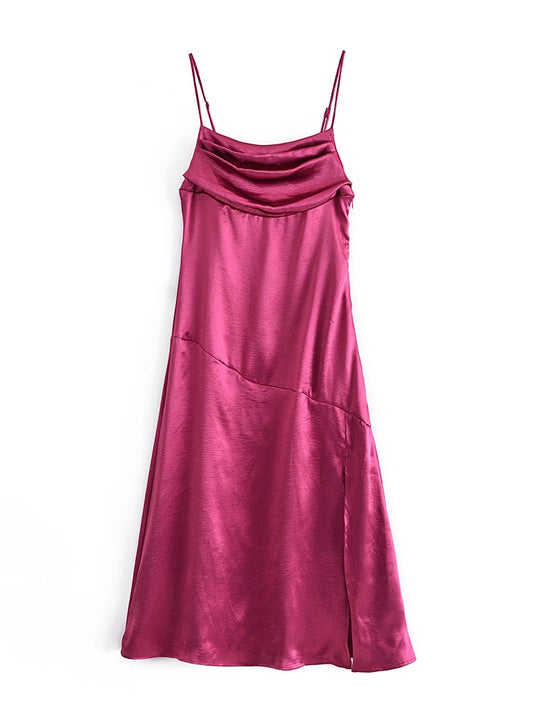 CM-D081648 Women Casual Seoul Style Spaghetti Strap Solid Patchwork Sleeveless Midi Dress