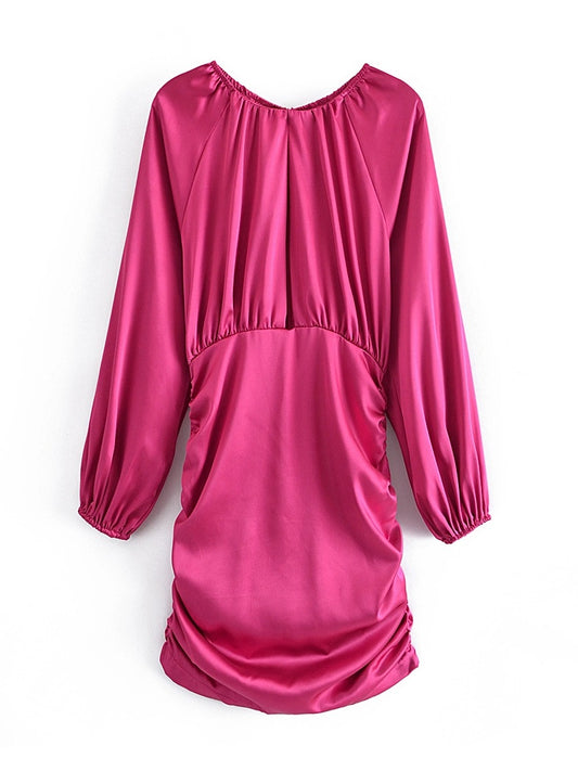 CM-D081659 Women Elegant European Style O-Neck Solid Ruched Long Sleeve Dress