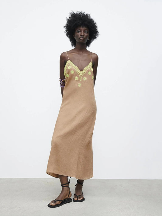 CM-D081826 Women Casual Seoul Style V-Neck Embroidery Sleeveless Maxi Dress - Brown
