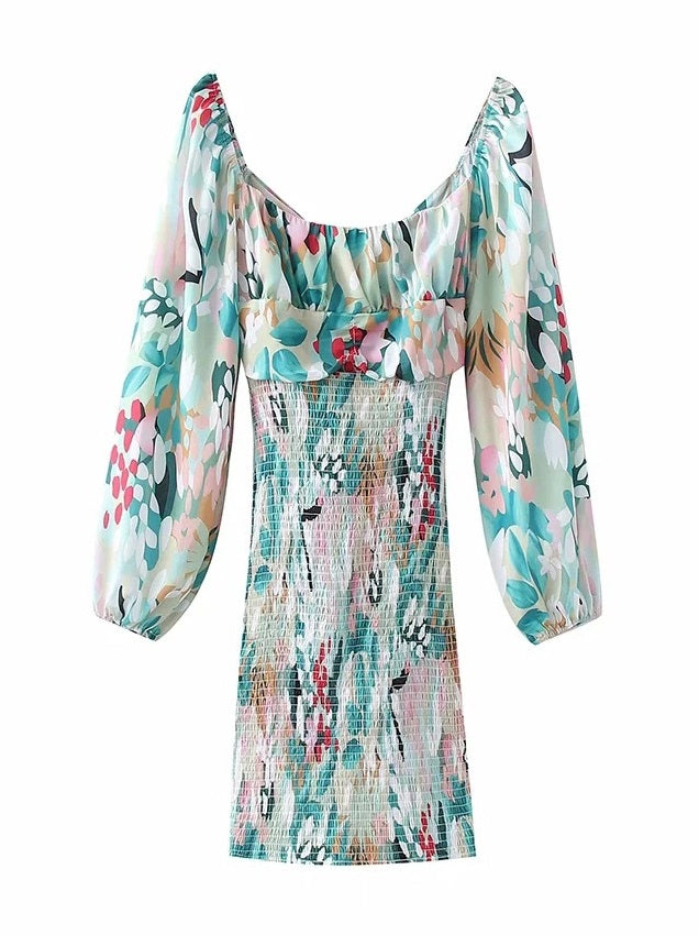 CM-D082054 Women Casual European Style Print Long Sleeve Tie Wrap Dress - Blue