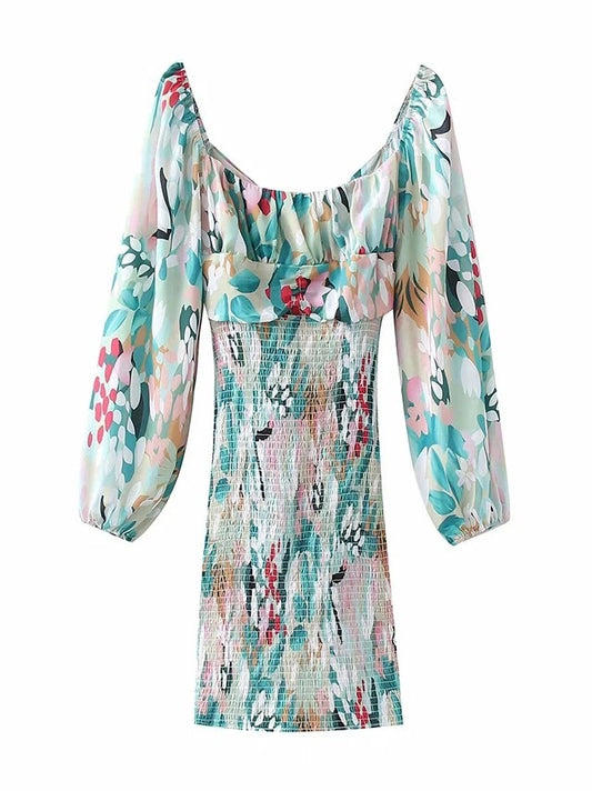 CM-D082054 Women Casual European Style Print Long Sleeve Tie Wrap Dress - Blue