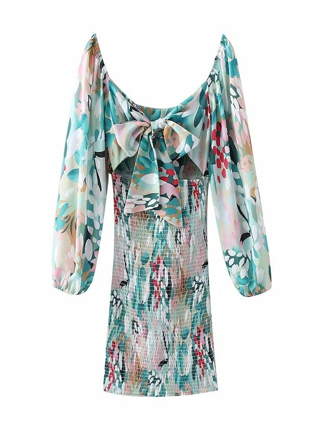 CM-D082054 Women Casual European Style Print Long Sleeve Tie Wrap Dress - Blue