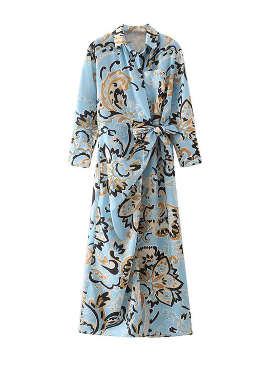 CM-D082352 Women Casual Seoul Style Printed Pocket Tie Wrap Shirt Maxi Dress - Blue